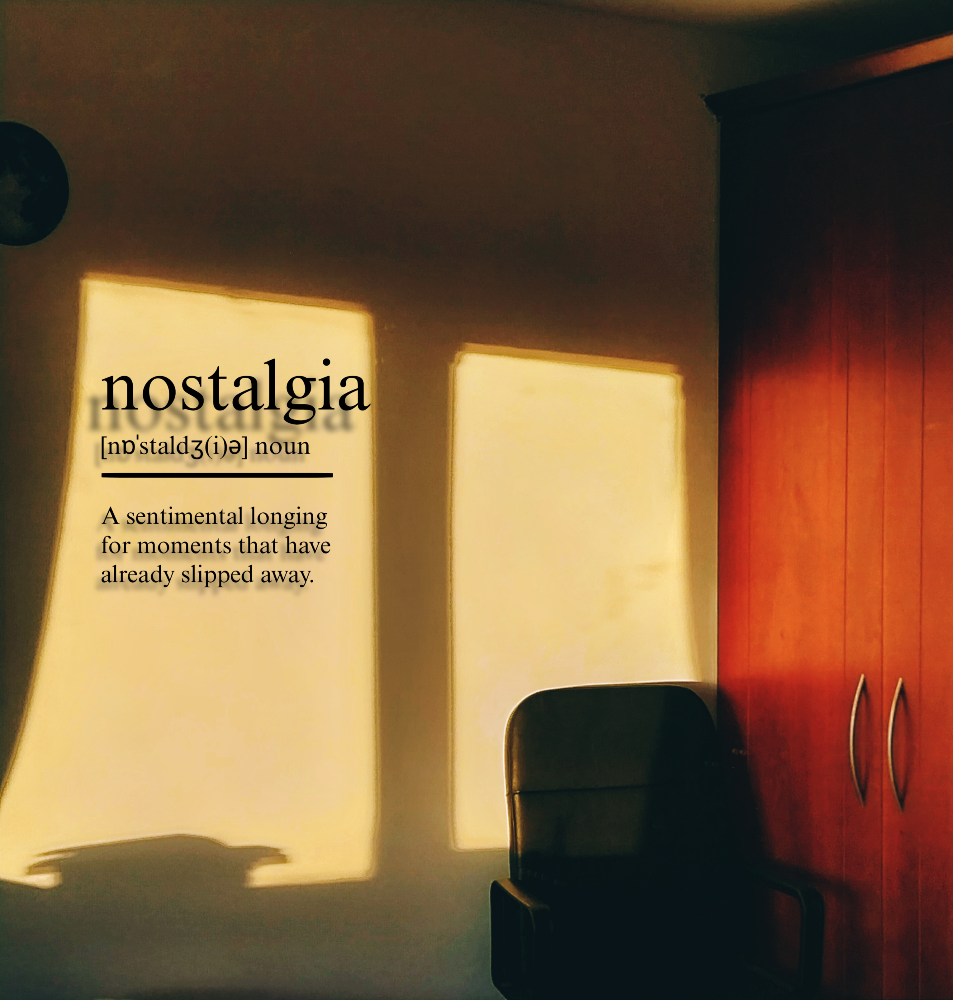 A nostalgic sunrise with shadows in a room with a chair.